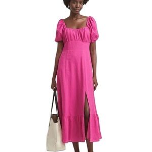 Short Puffy-Sleeve Square-Neck Linen Dress | Pink / Rose Violet | Size 14 | NWOT